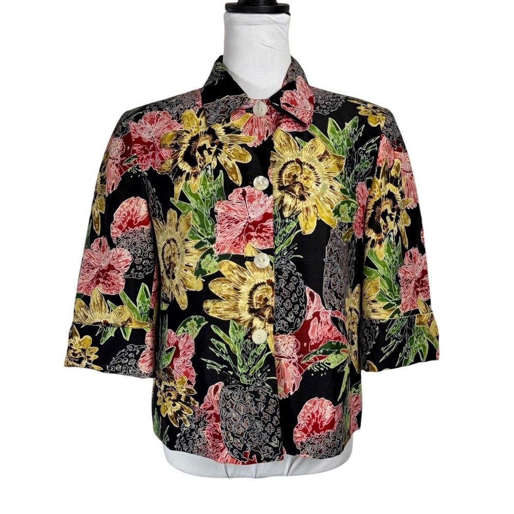 Vintage Harve Benard 100% Silk Cropped‎ Blazer Tropical Floral Jacket 8 Boxy Y2K